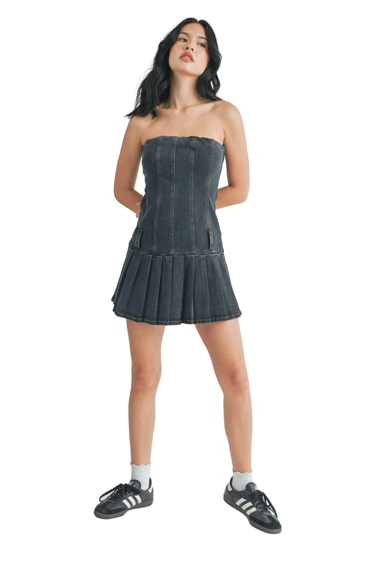 Apparel- Klesis Pleated Skirt Denim Strapless Dress