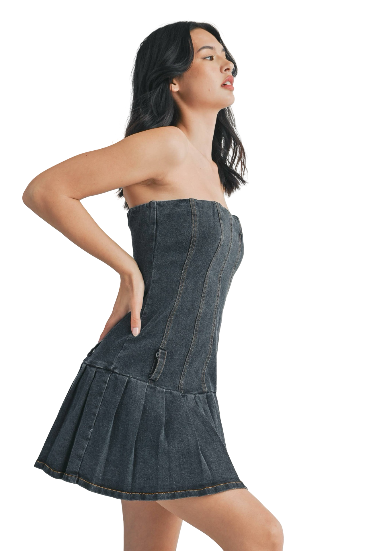 Apparel- Klesis Pleated Skirt Denim Strapless Dress