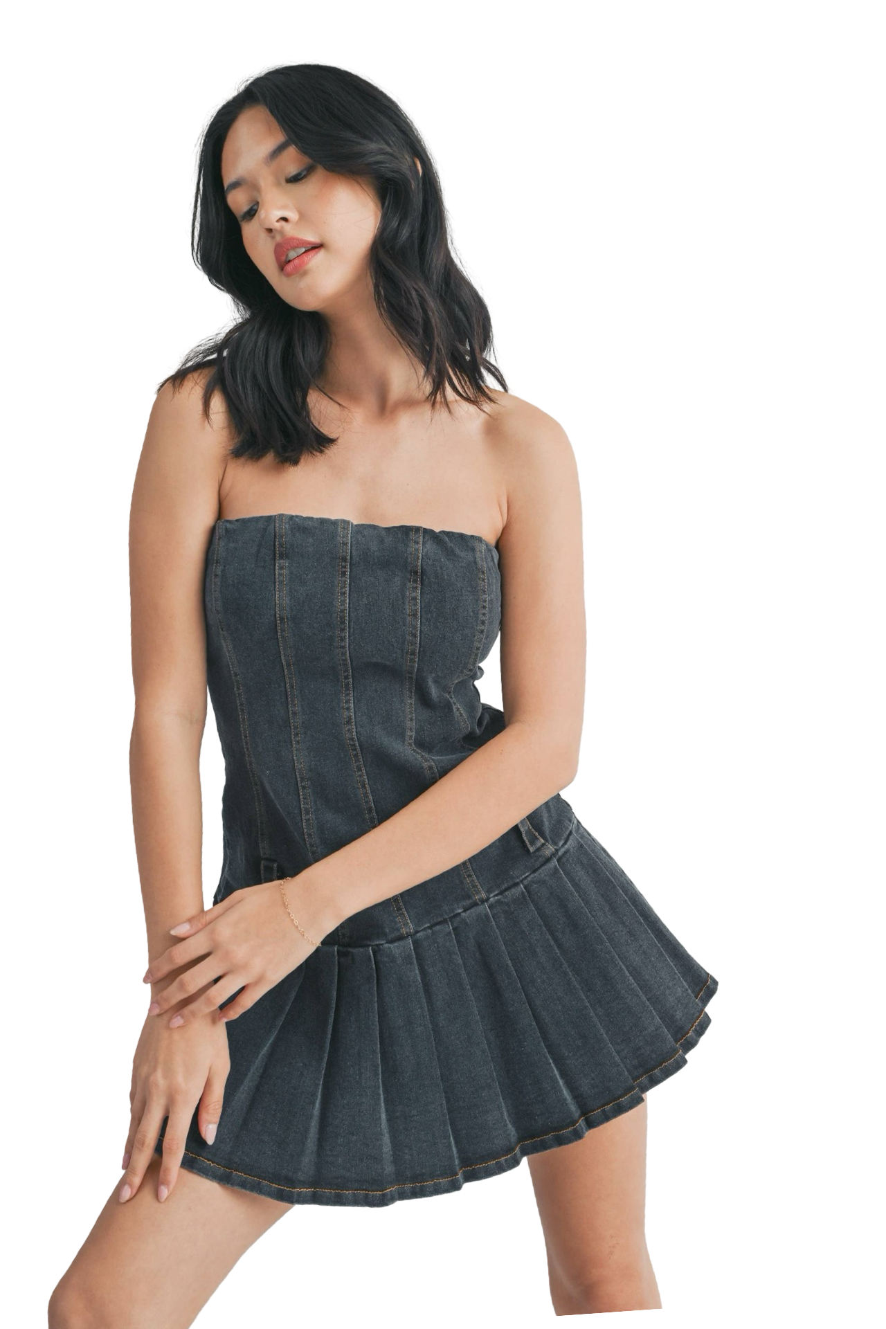 Apparel- Klesis Pleated Skirt Denim Strapless Dress