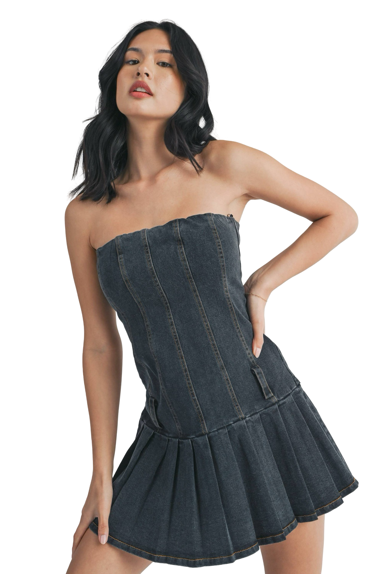 Apparel- Klesis Pleated Skirt Denim Strapless Dress