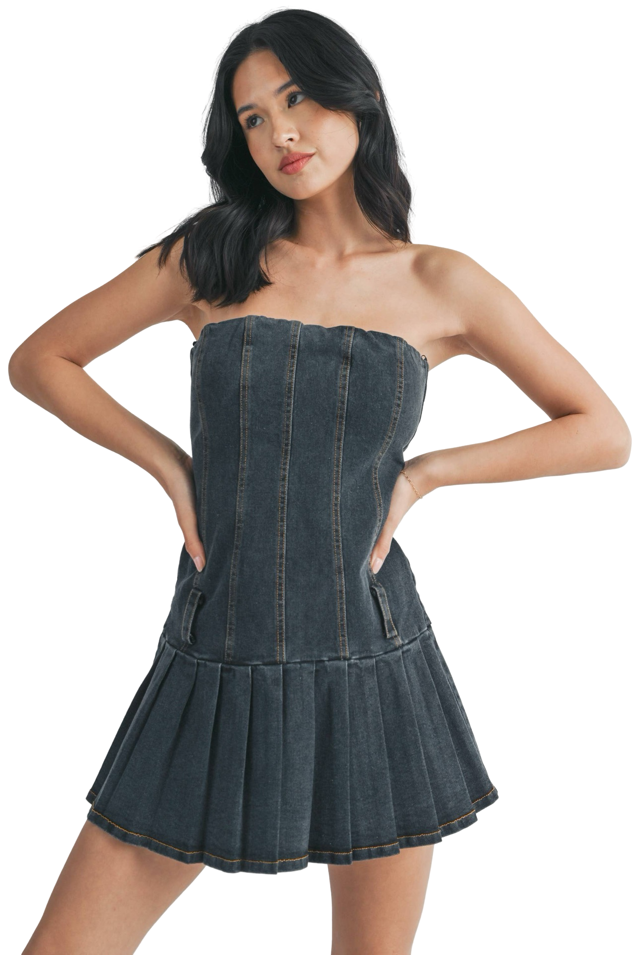 Apparel- Klesis Pleated Skirt Denim Strapless Dress