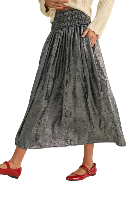 Apparel- MIOU MUSE Metallic Fabric Smocked Waist Skirt