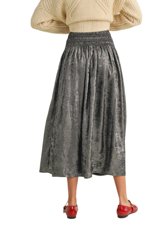 Apparel- MIOU MUSE Metallic Fabric Smocked Waist Skirt