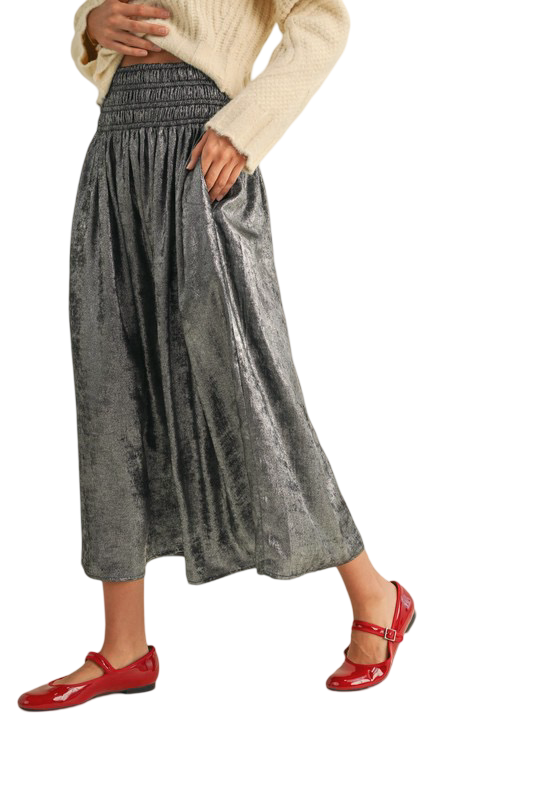 Apparel- MIOU MUSE Metallic Fabric Smocked Waist Skirt