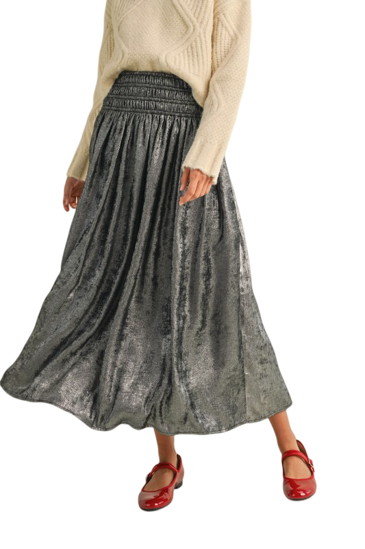 Apparel- MIOU MUSE Metallic Fabric Smocked Waist Skirt