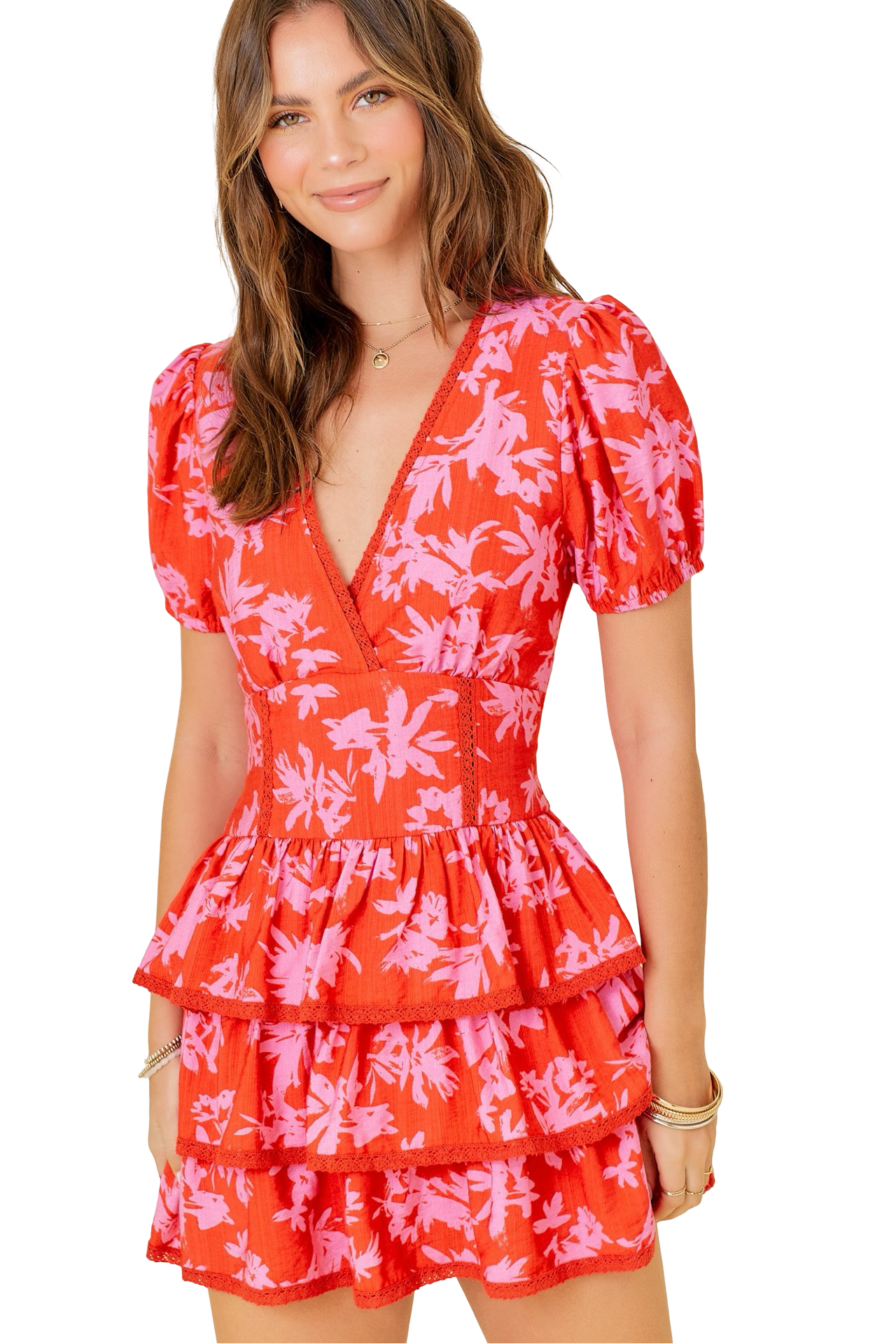 Apparel- Day+Moon Floral Print Surplice Dress With Lace Trim Detail