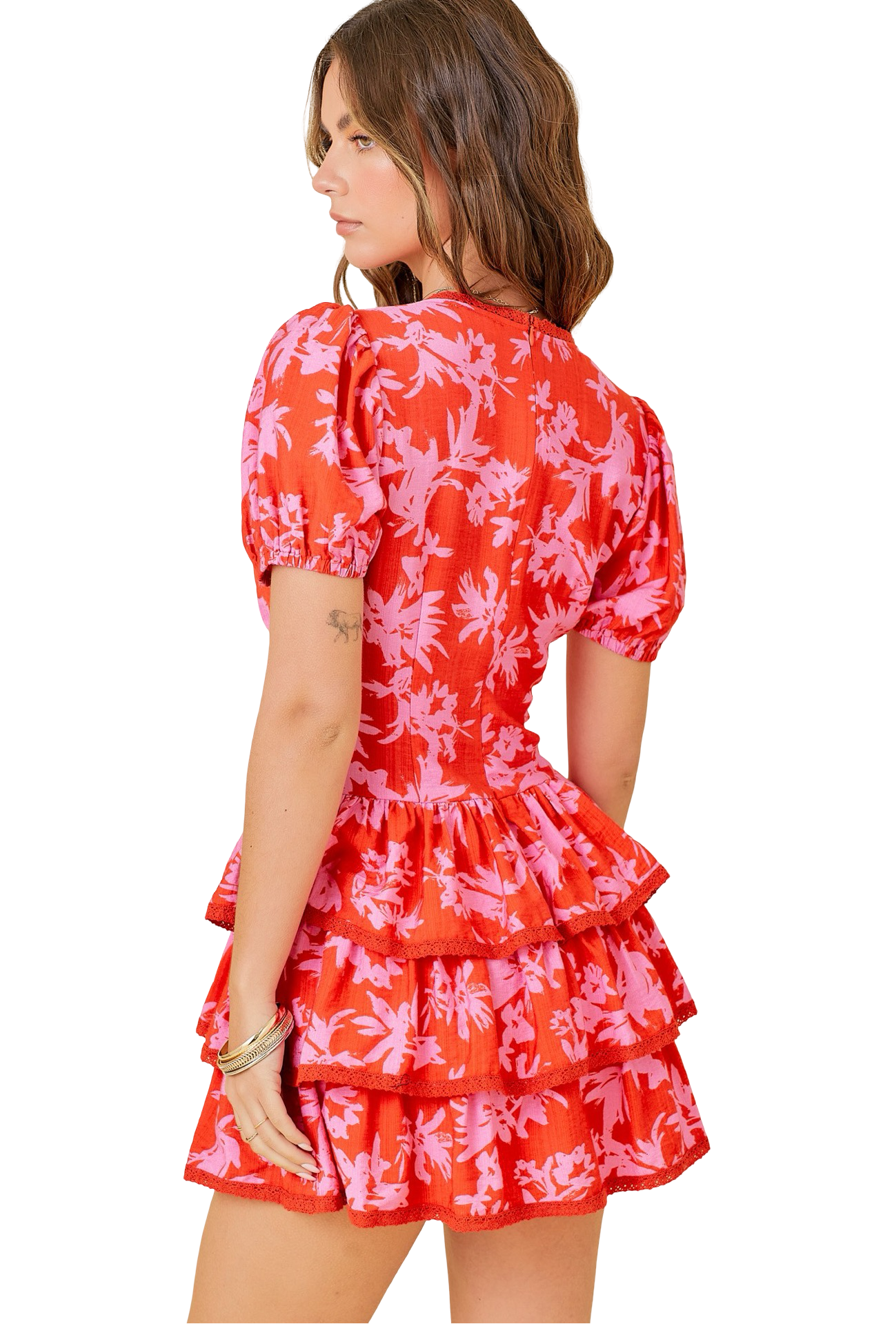 Apparel- Day+Moon Floral Print Surplice Dress With Lace Trim Detail