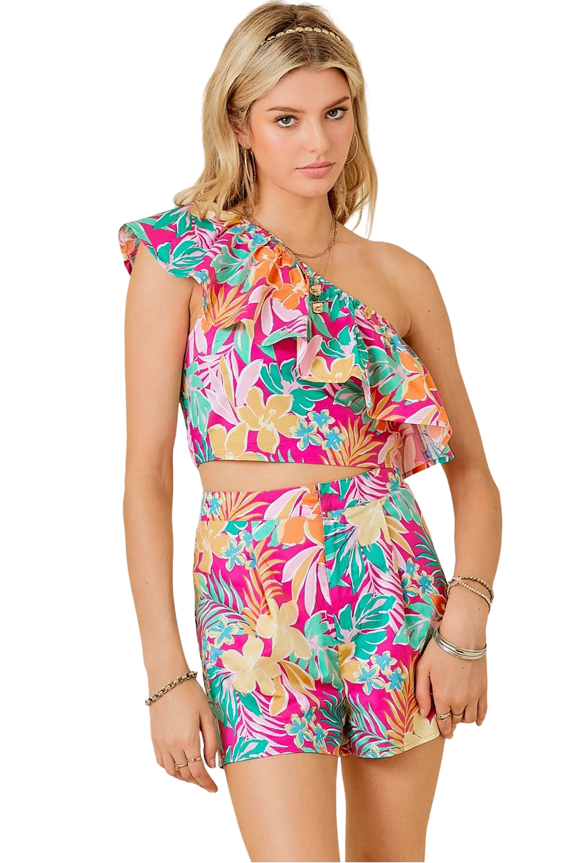 Apparel- Day+Moon Tropical Print One Shoulder Top and Shorts Set
