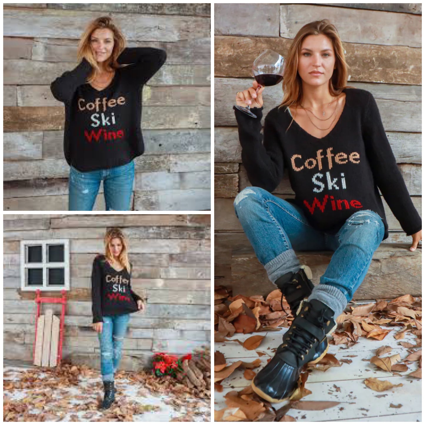 Apparel- Wooden Ships Coffee Ski Wine V Neck Sweater