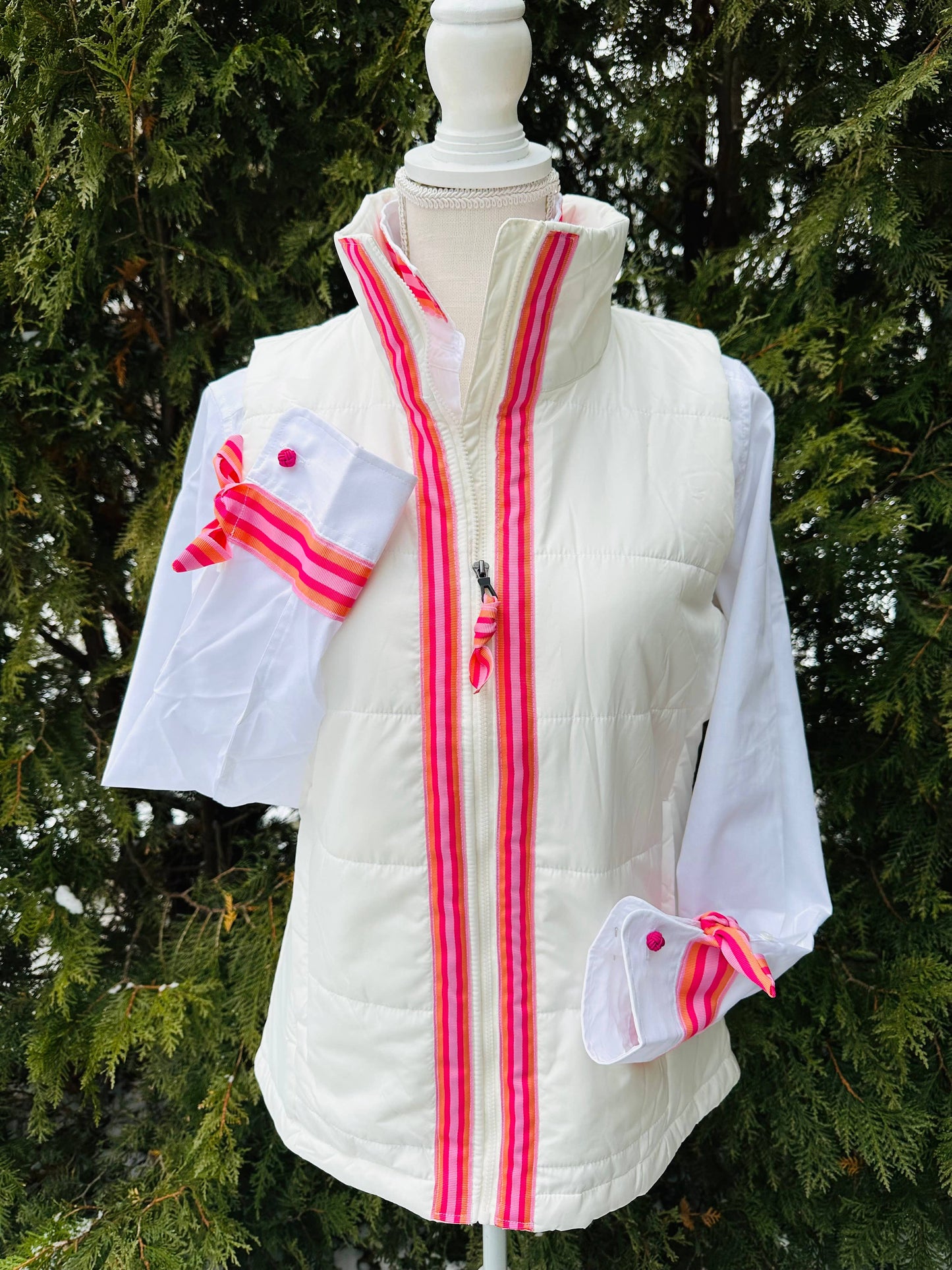 Apparel- Pearly Vine Maggie May Puffer Vest White w Pink & Orange Stripe Ribbon