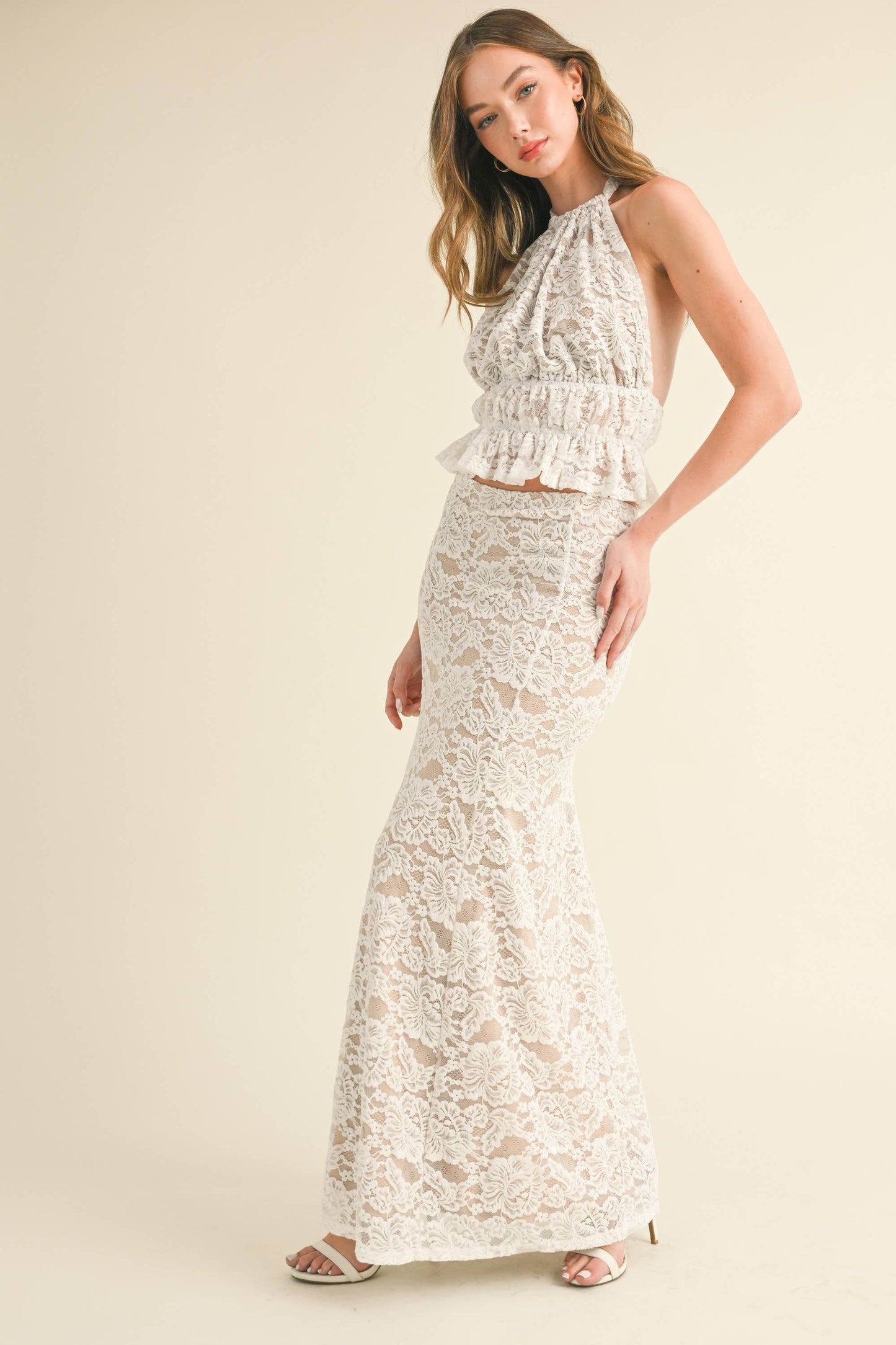 Apparel- Klesis Lace Halter Open Back Top and Maxi Skirt Set