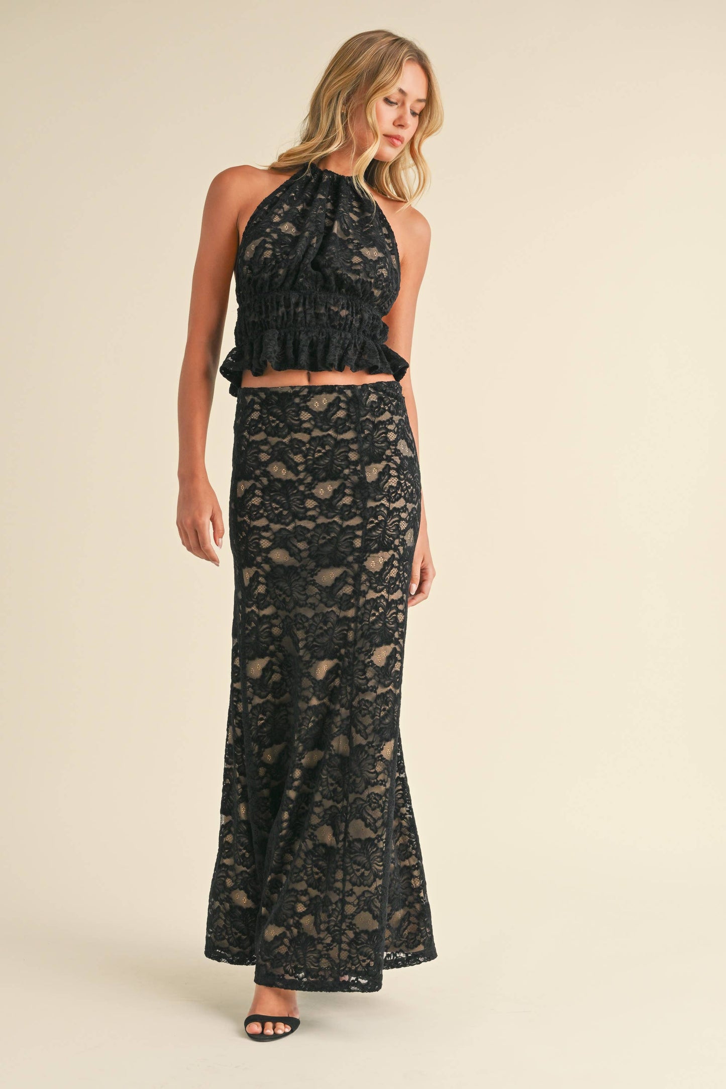 Apparel- Klesis Lace Halter Open Back Top and Maxi Skirt Set