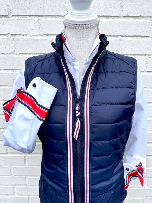 Apparel- Pearly Vine Maggie May Puffer Vest Navy w Navy, Red & White Ribbon