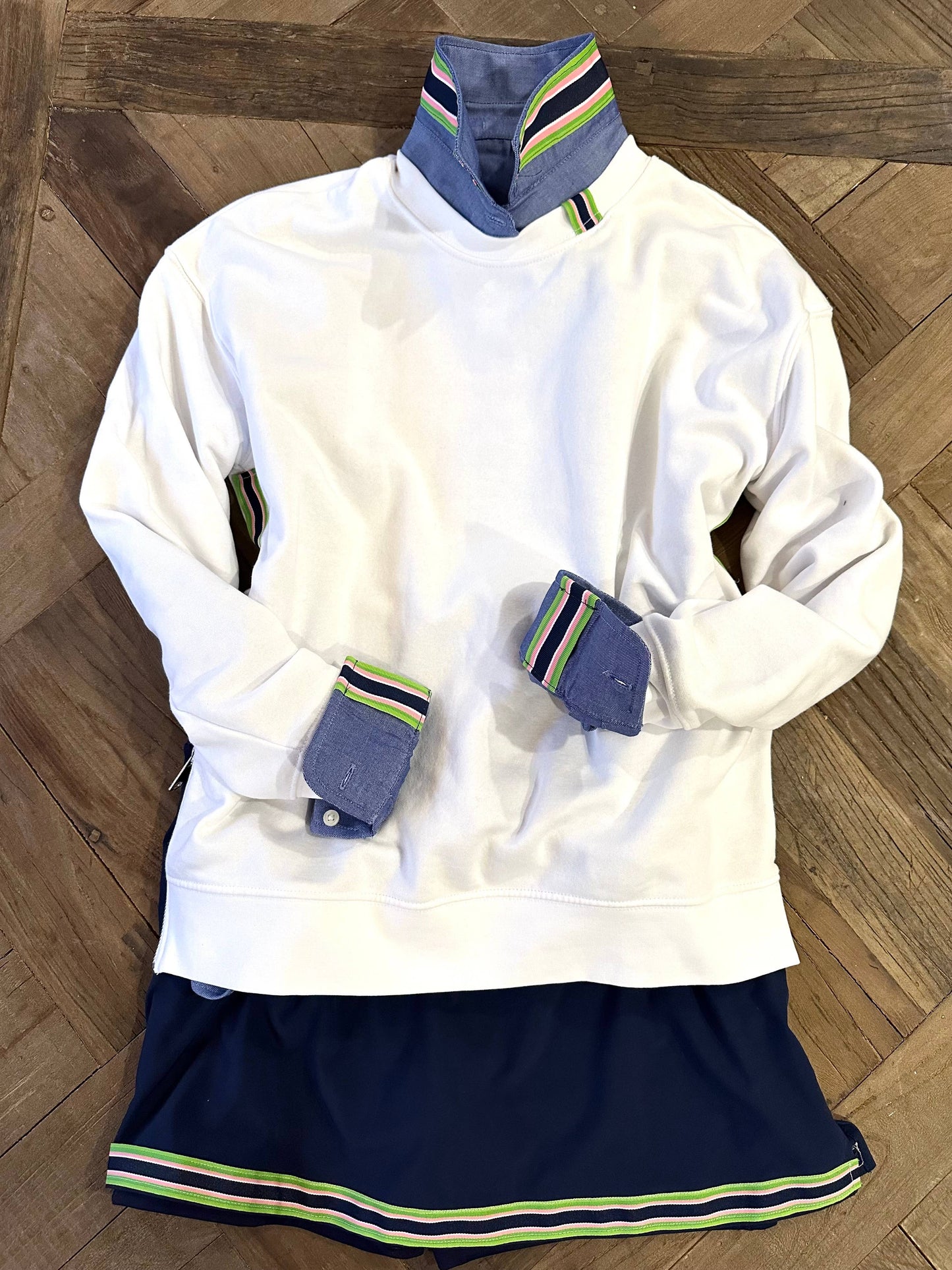 Apparel- Pearly Vine Danny Sweatshirt White w Navy, Pink & Green Stripe Ribbon