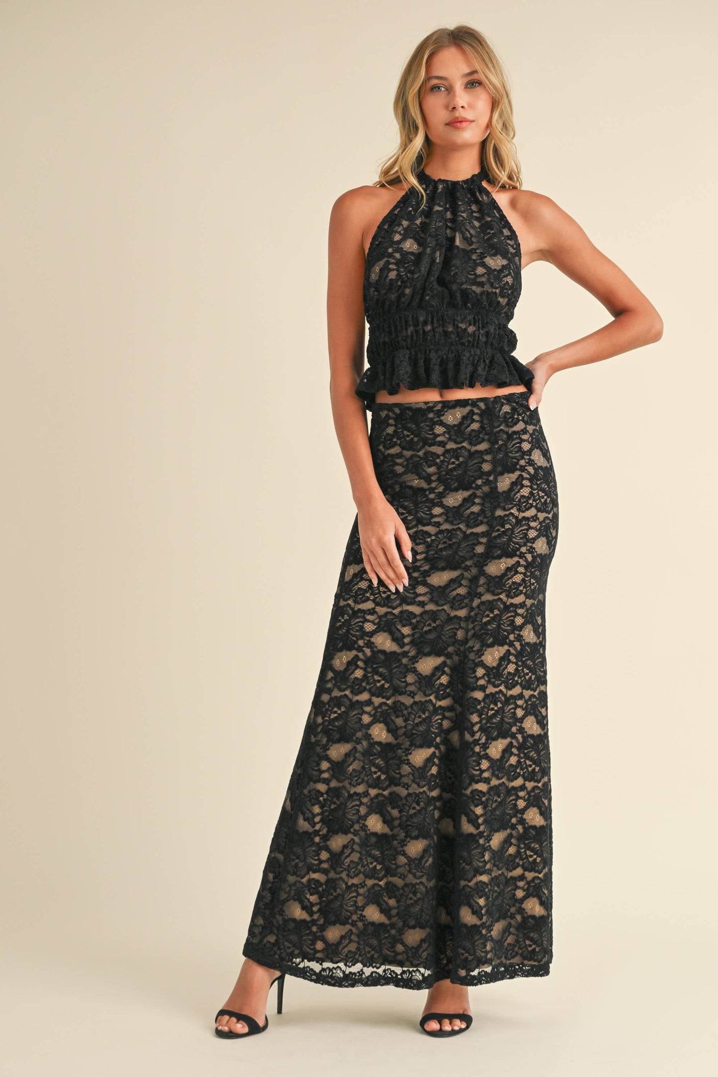 Apparel- Klesis Lace Halter Open Back Top and Maxi Skirt Set