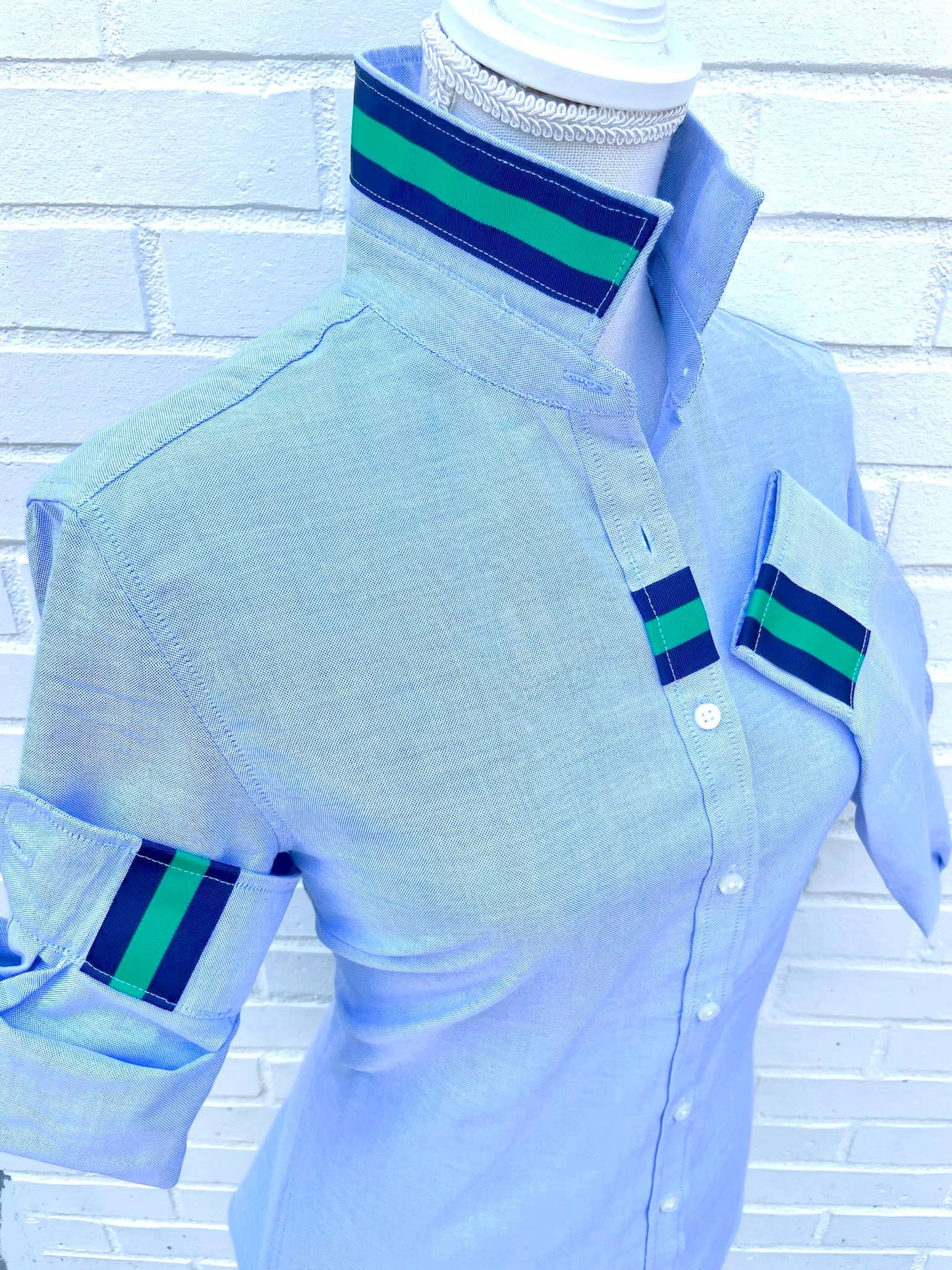 Apparel- Pearly Vine Casie 2 Blue Oxford w/Navy & Green Stripe Ribbon