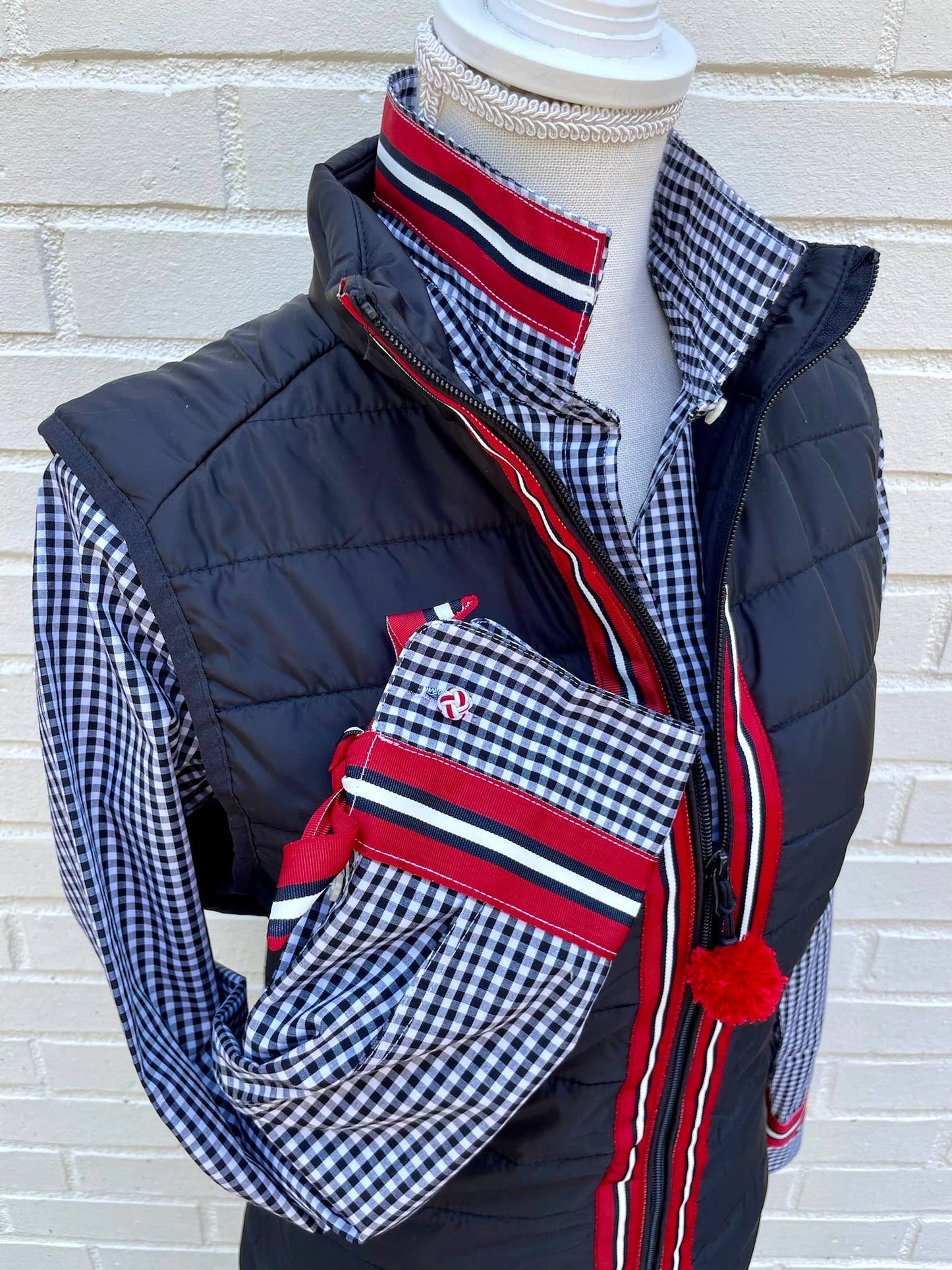 Apparel- Pearly Vine Maggie May Puffer Vest Black w Black, White & Red Stripe