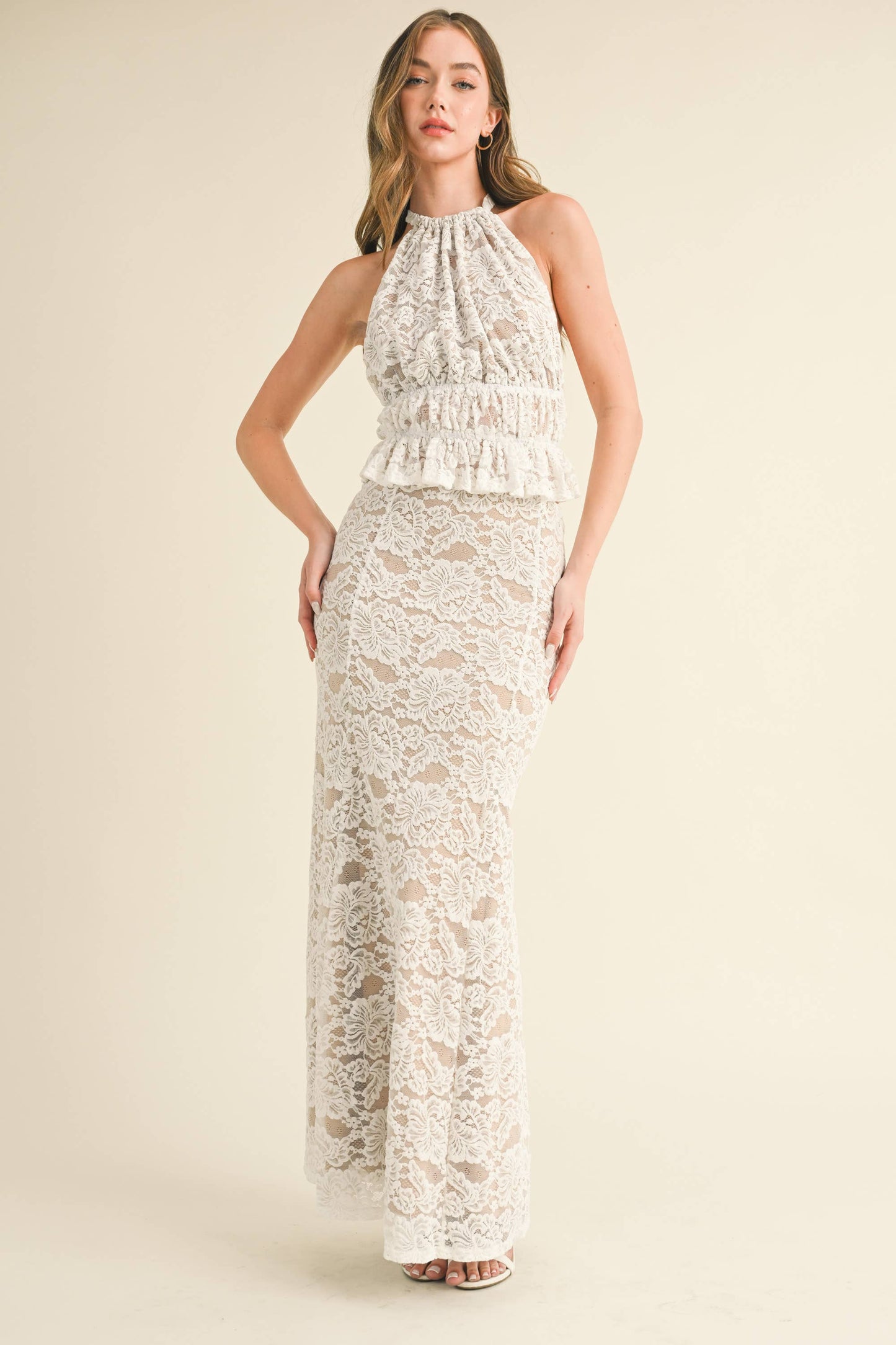 Apparel- Klesis Lace Halter Open Back Top and Maxi Skirt Set