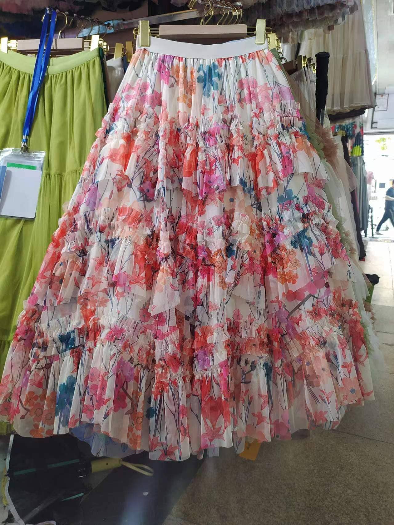 Apparel- Peach Ruffle Midi Skirt with Floral Print