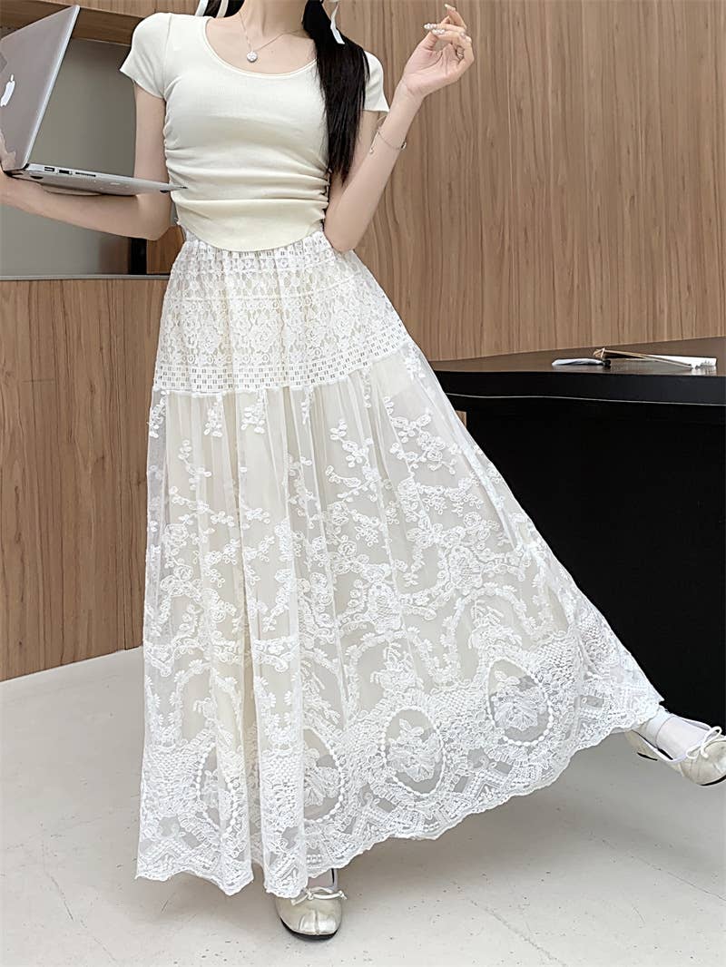 Apparel- Peach Elegant Lace Maxi Skirt with Layered Design