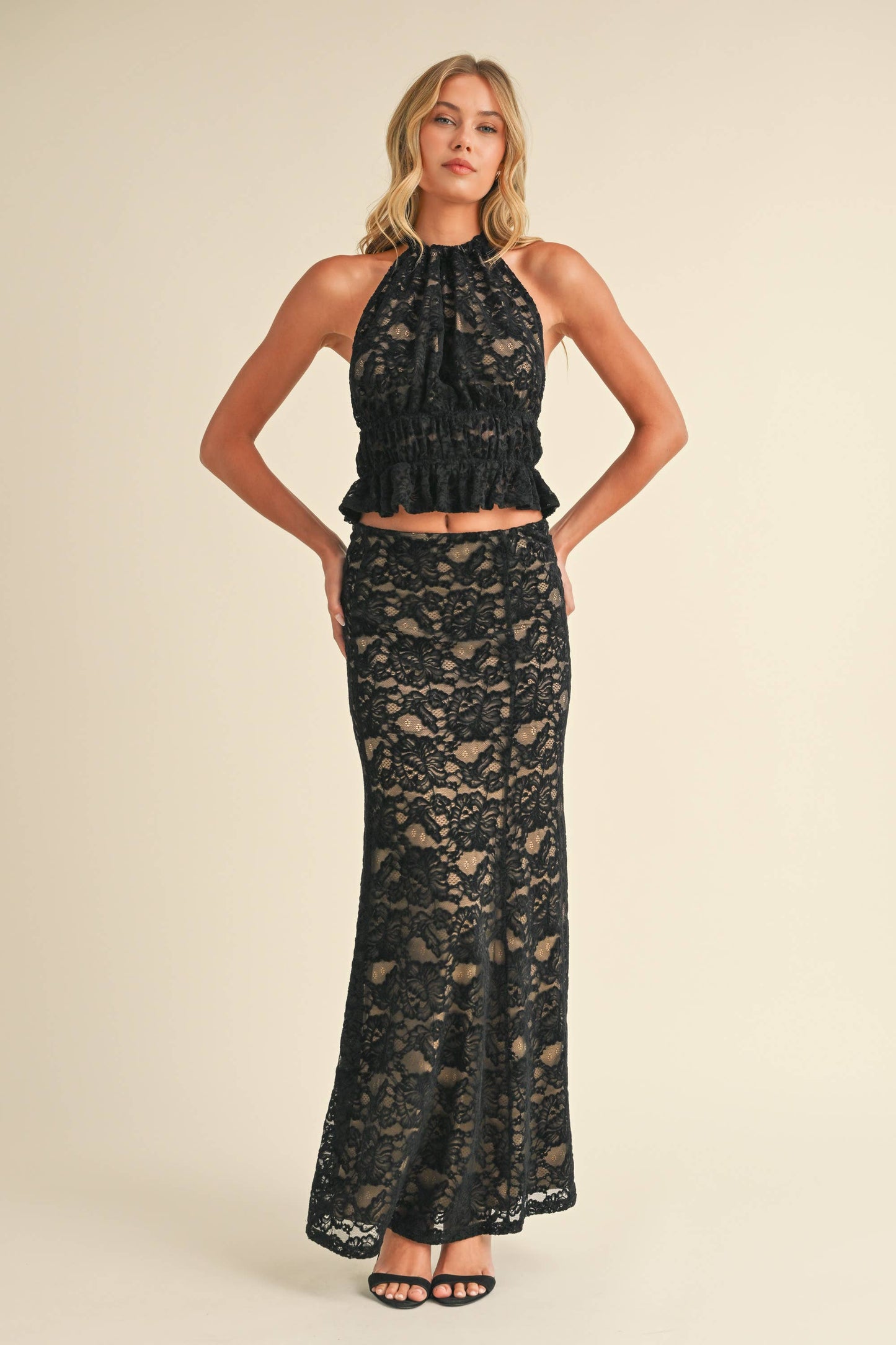 Apparel- Klesis Lace Halter Open Back Top and Maxi Skirt Set