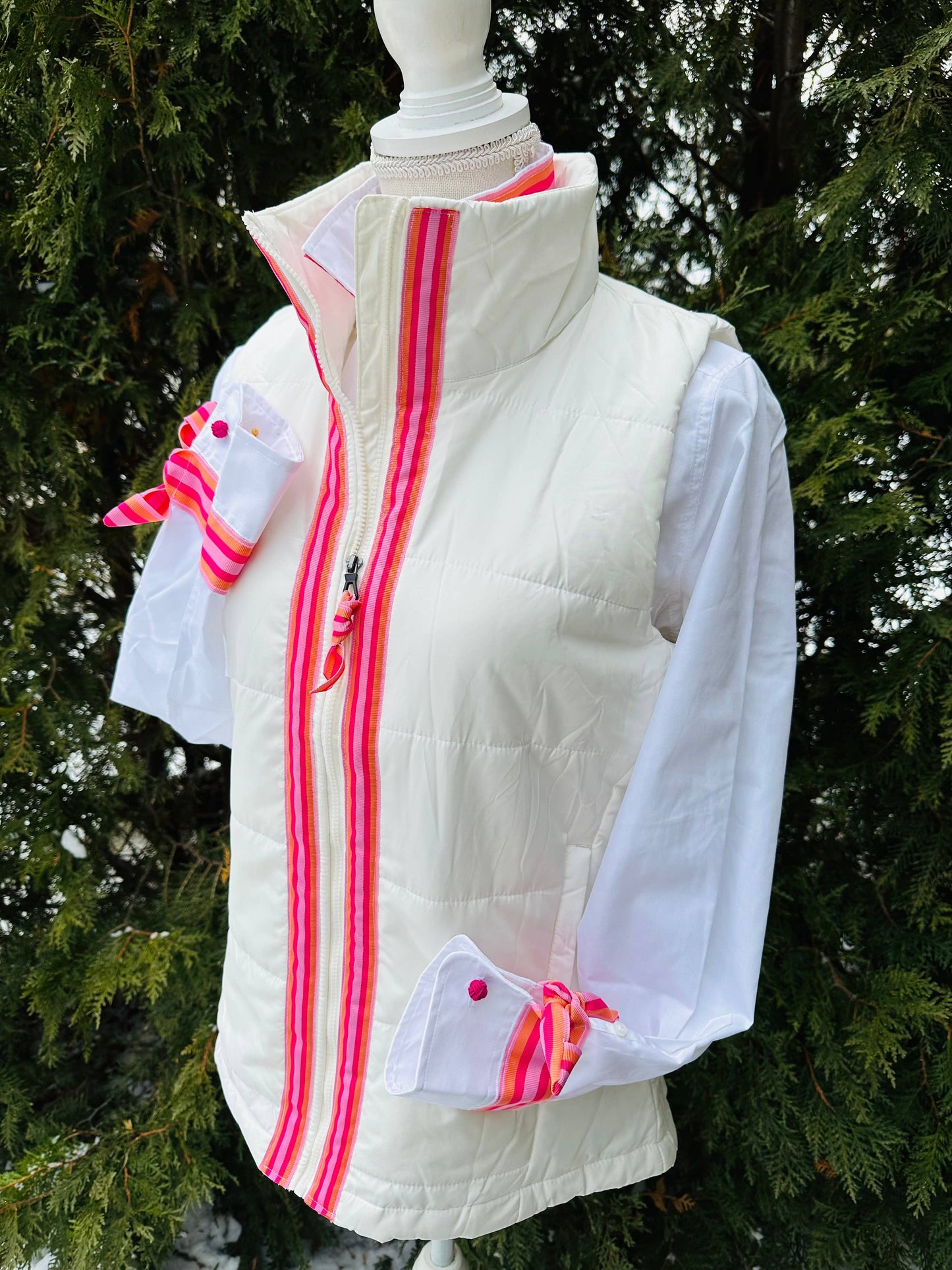 Apparel- Pearly Vine Maggie May Puffer Vest White w Pink & Orange Stripe Ribbon