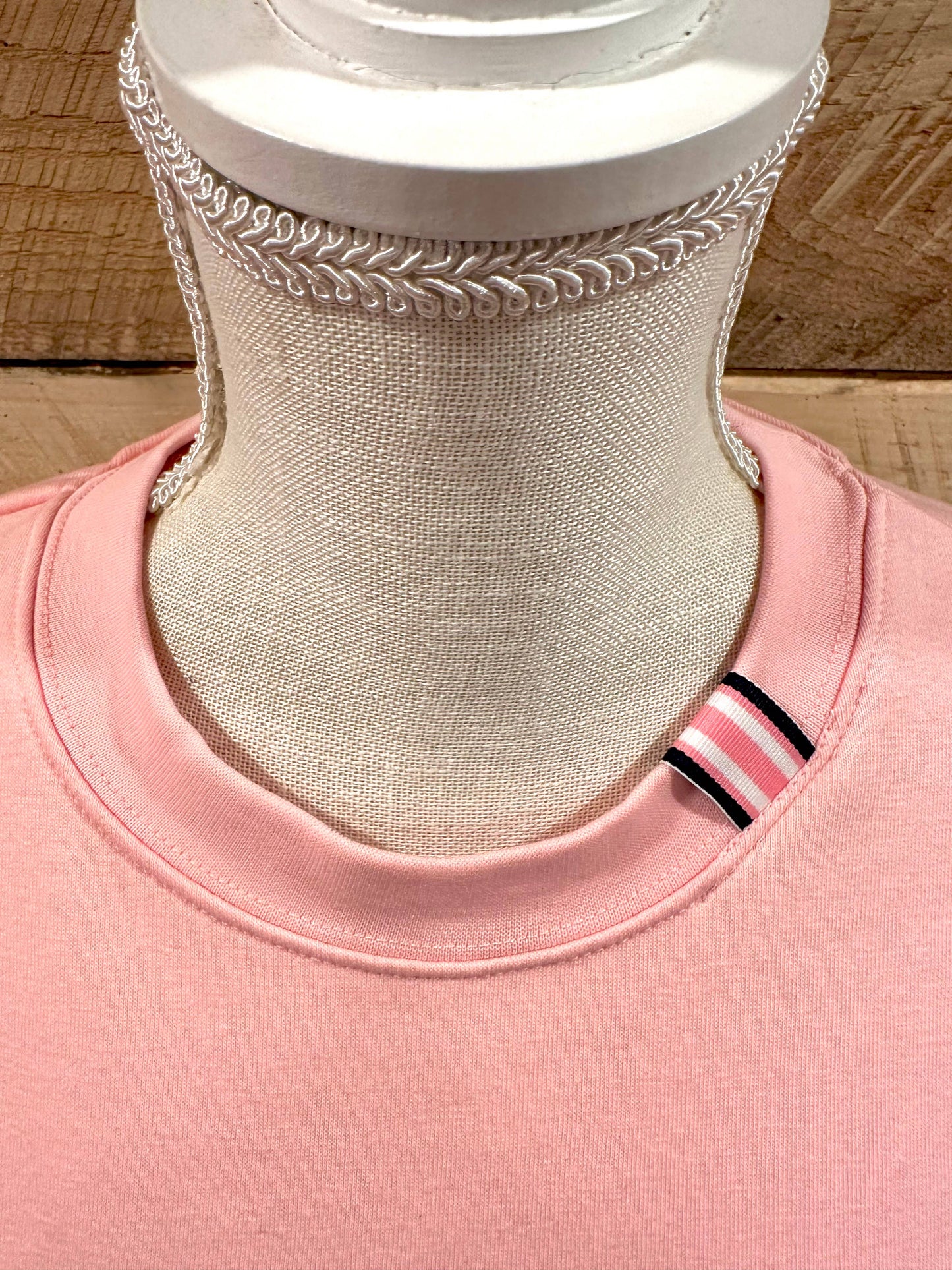 Apparel- Pearly Vine Danny Sweatshirt Pink w Navy, White & Pink Stripe Ribbon