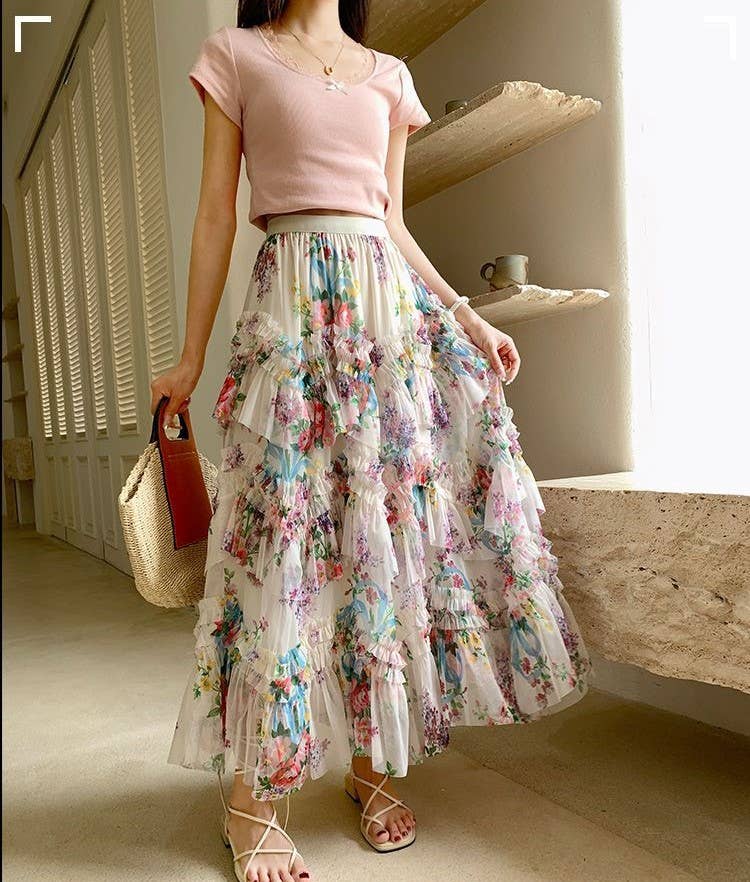 Apparel-Peach Twirl Worthy Floral Ruffle Skirt