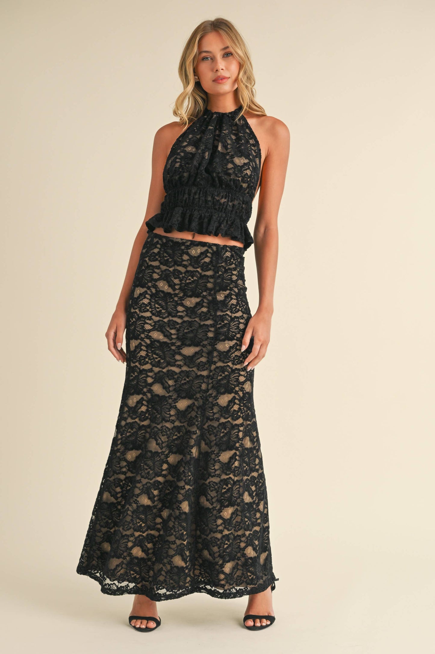 Apparel- Klesis Lace Halter Open Back Top and Maxi Skirt Set