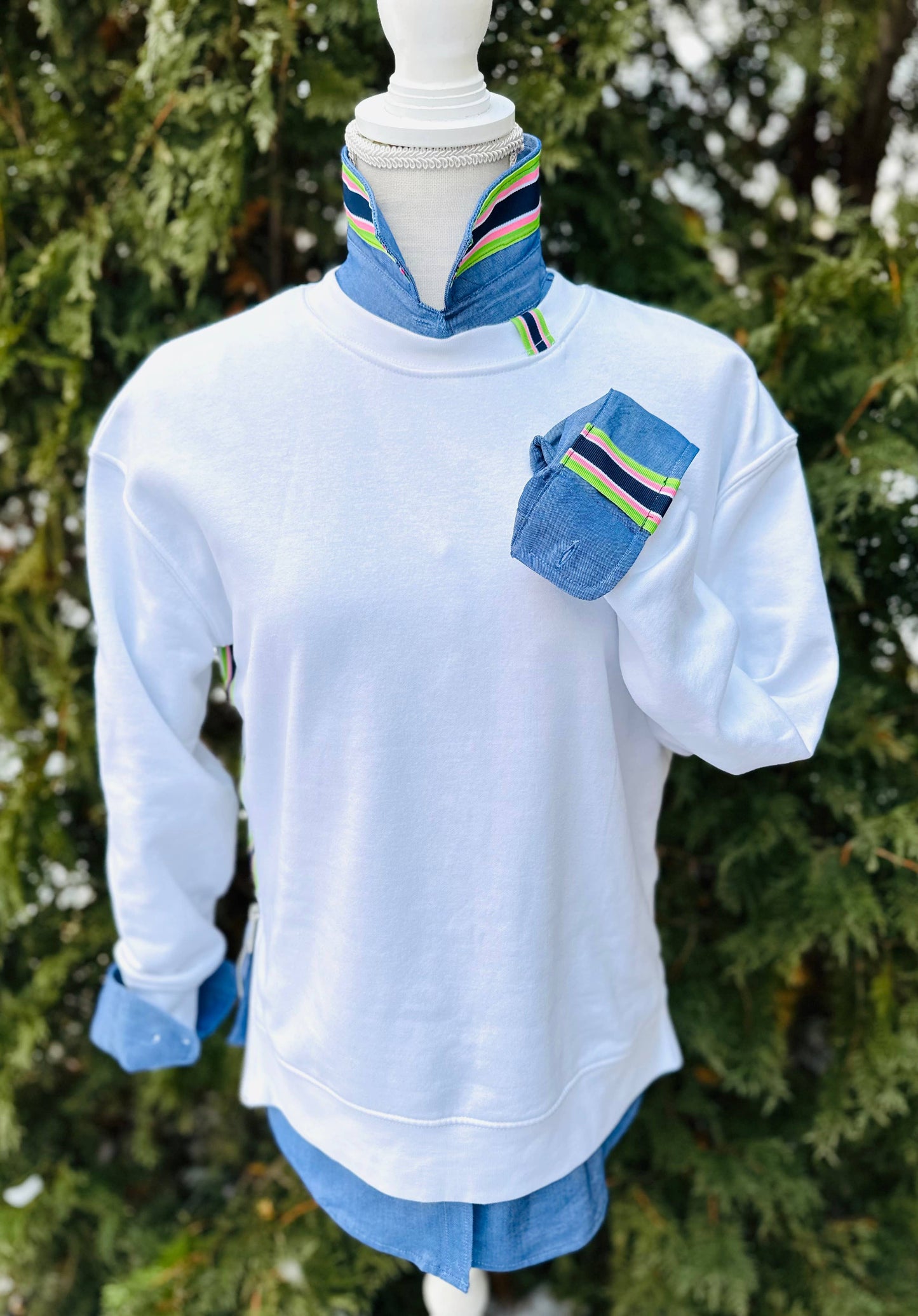 Apparel- Pearly Vine Danny Sweatshirt White w Navy, Pink & Green Stripe Ribbon