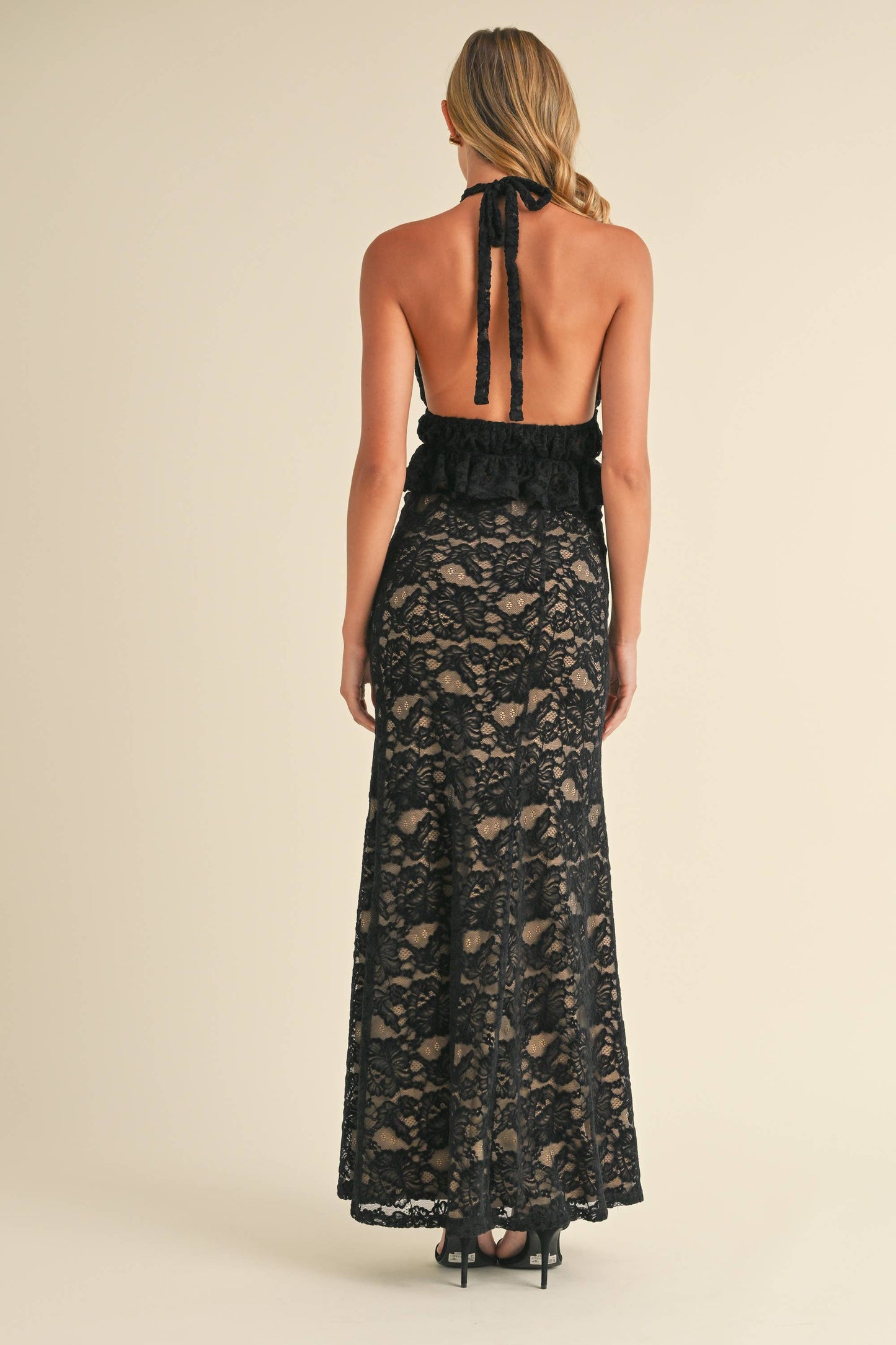 Apparel- Klesis Lace Halter Open Back Top and Maxi Skirt Set