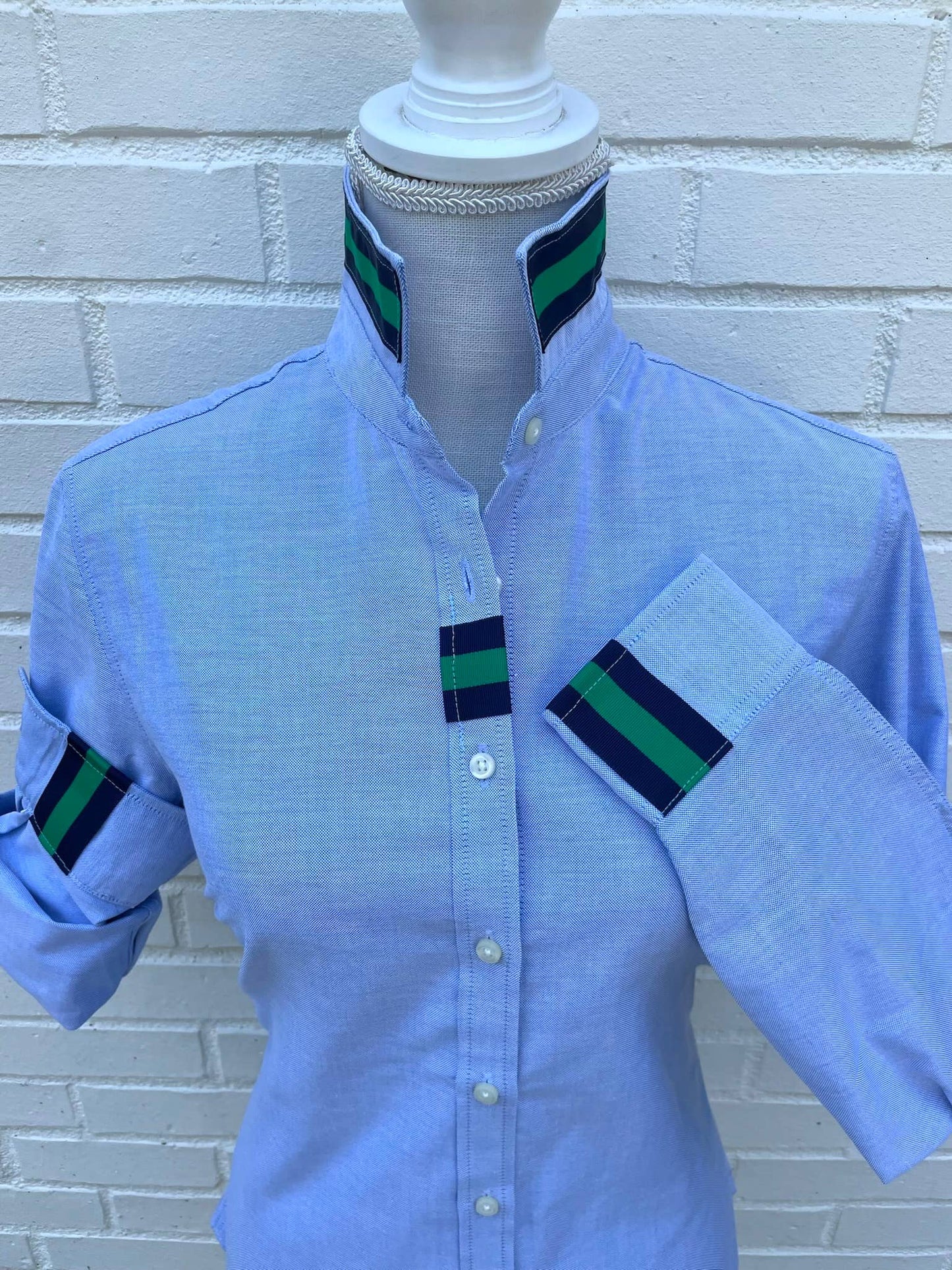 Apparel- Pearly Vine Casie 2 Blue Oxford w/Navy & Green Stripe Ribbon