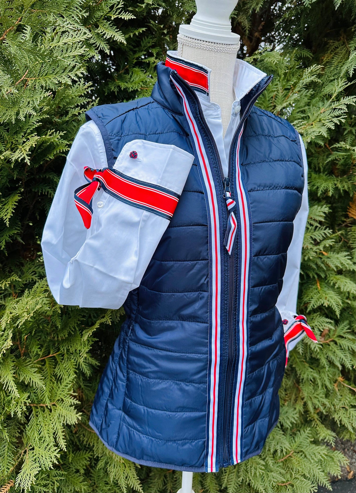 Apparel- Pearly Vine Maggie May Puffer Vest Navy w Navy, Red & White Ribbon