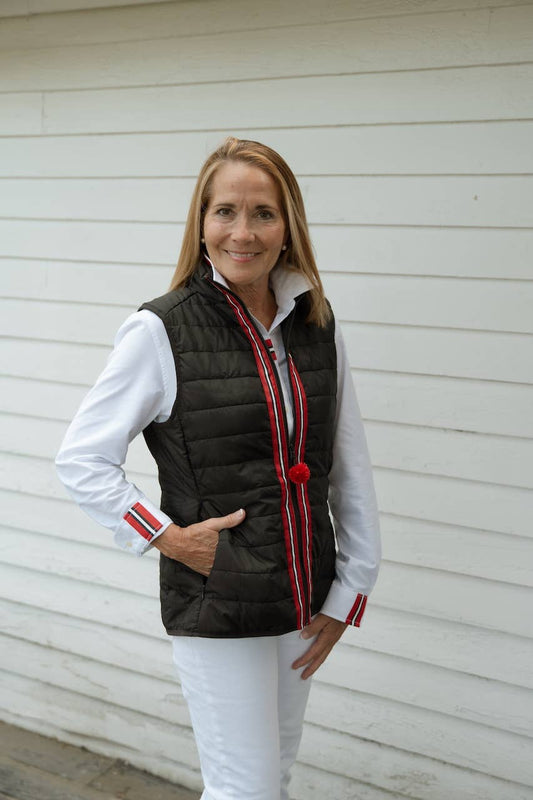 Apparel- Pearly Vine Maggie May Puffer Vest Black w Black, White & Red Stripe