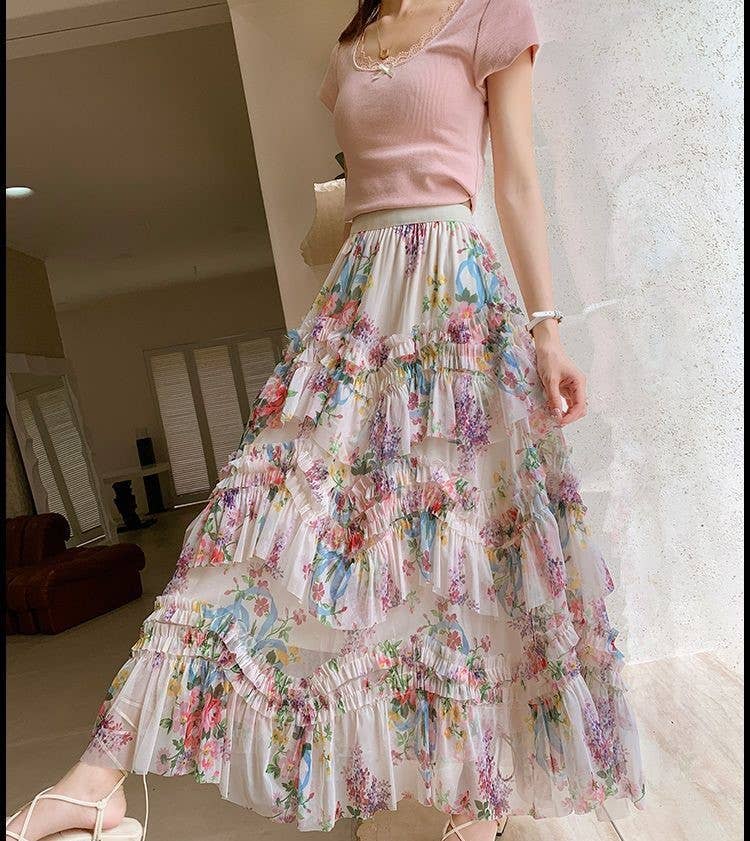 Apparel-Peach Twirl Worthy Floral Ruffle Skirt