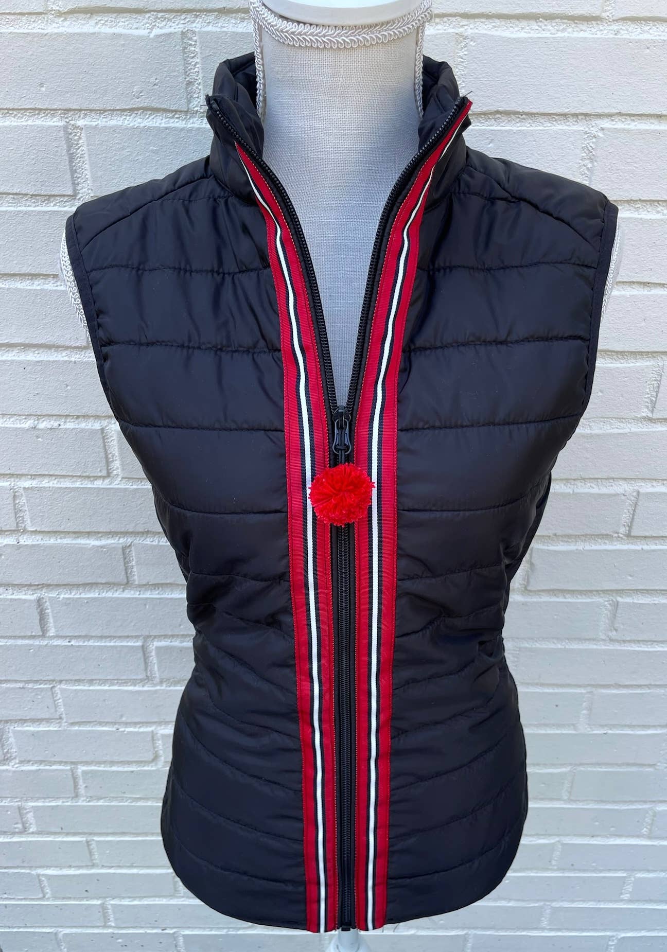 Apparel- Pearly Vine Maggie May Puffer Vest Black w Black, White & Red Stripe