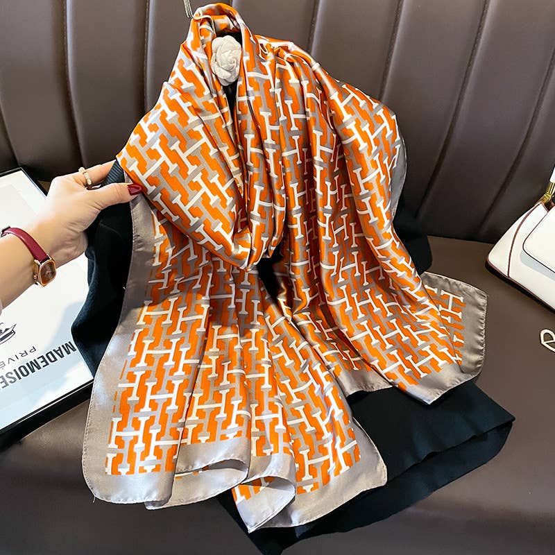 Apparel- Peach Letter H Printed Satin Silky Scarf