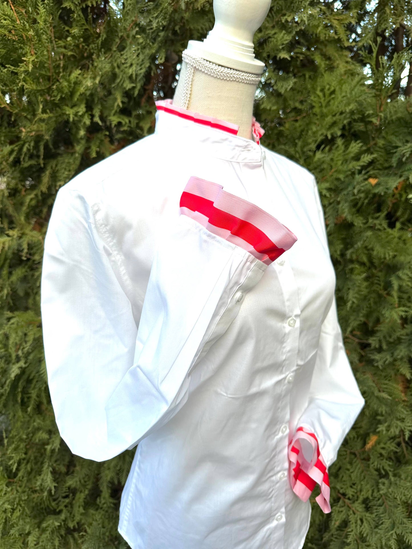 Apparel- Pearly Vine Dionne Ruffle Ribbon Trim Shirt White w Pink & Red Ribbon