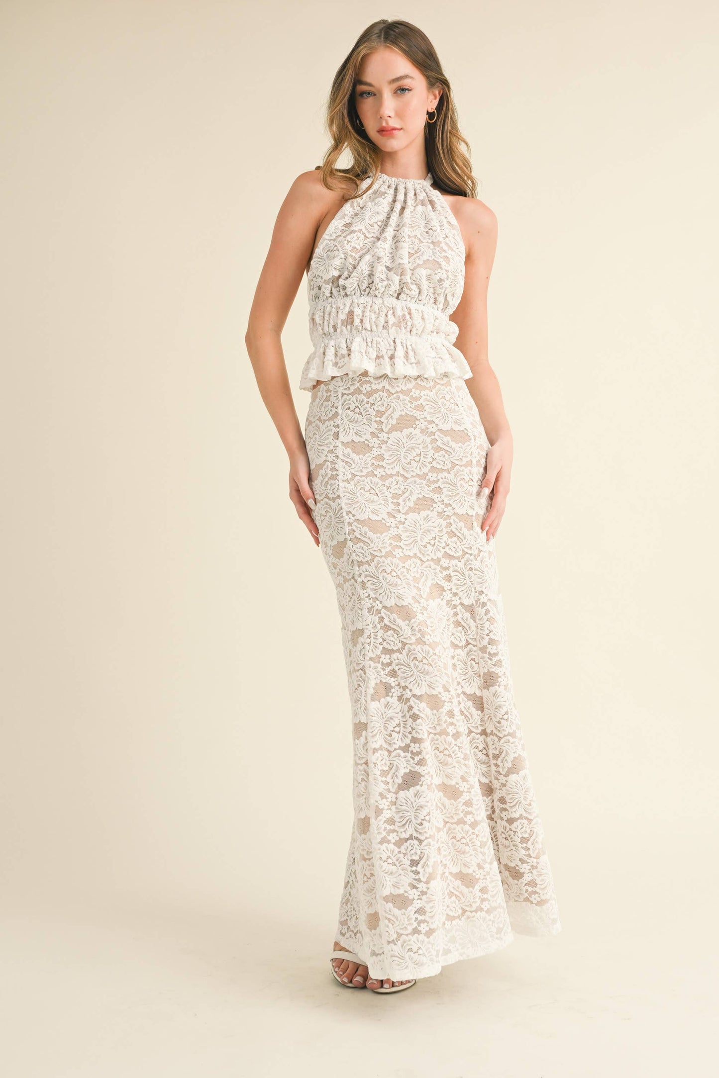 Apparel- Klesis Lace Halter Open Back Top and Maxi Skirt Set