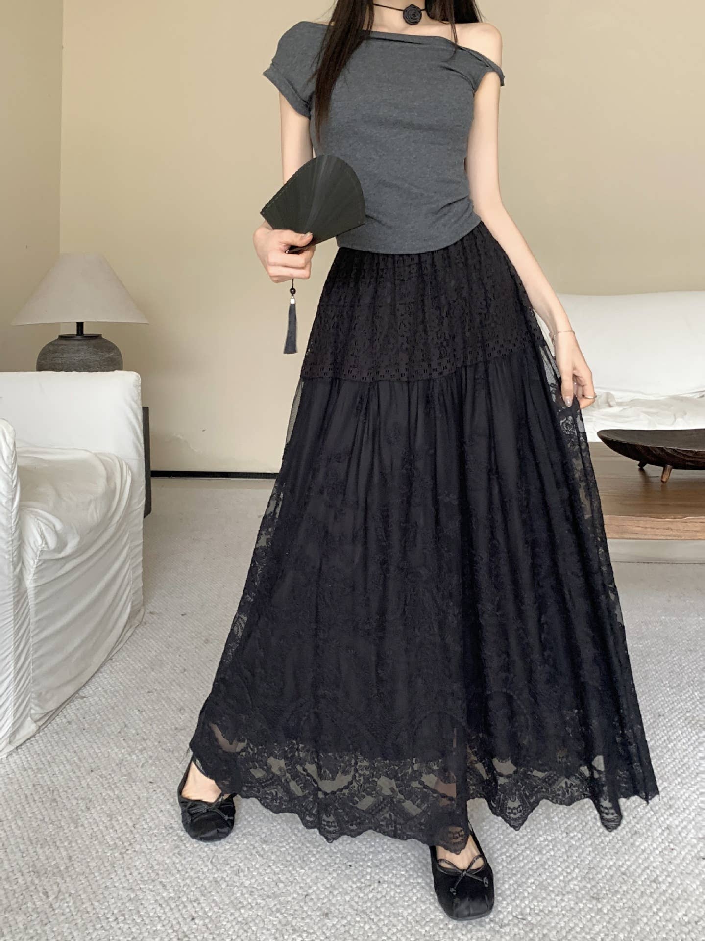 Apparel- Peach Elegant Lace Maxi Skirt with Layered Design