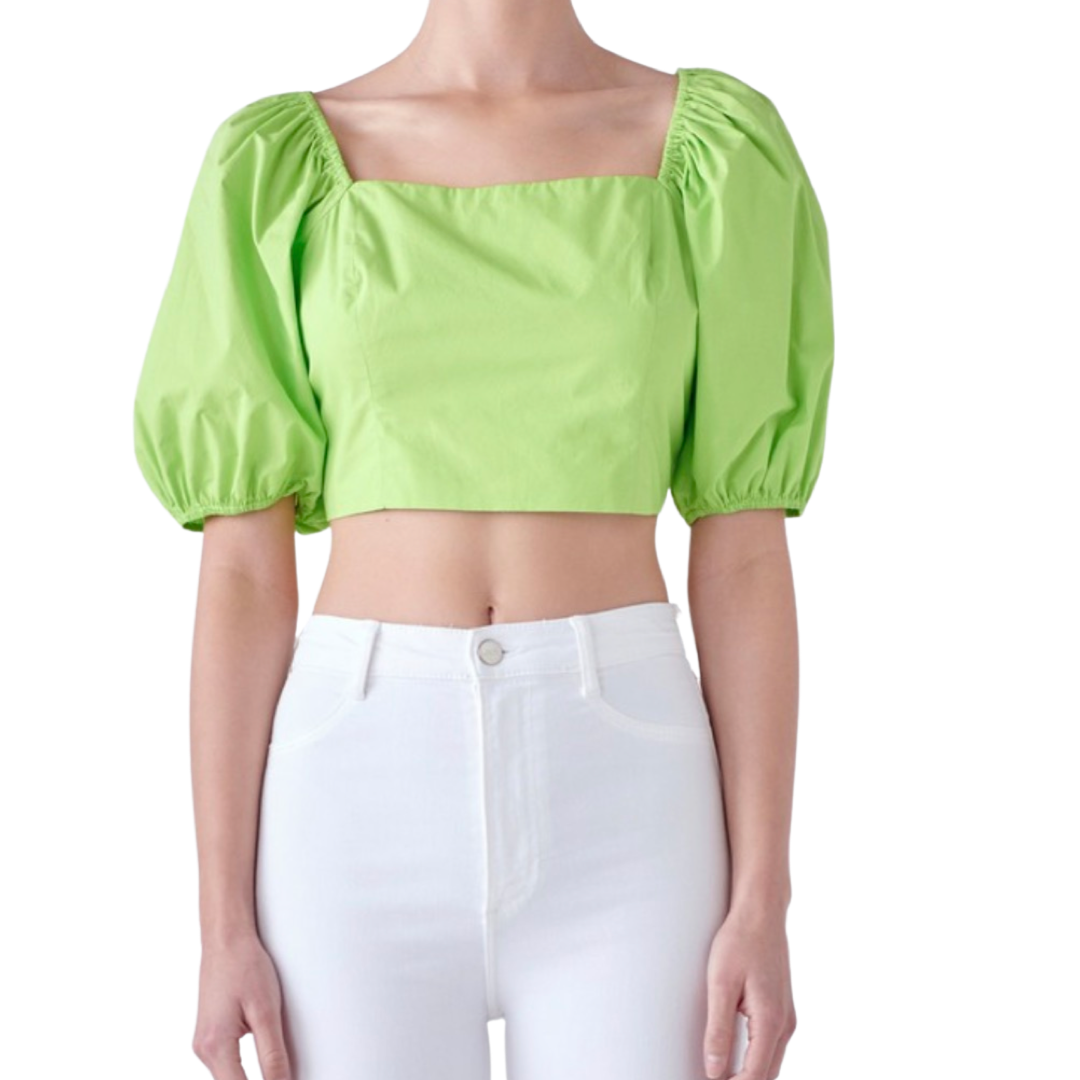 Apparel- English Factory Puffed Sleeve Top With Back Bow