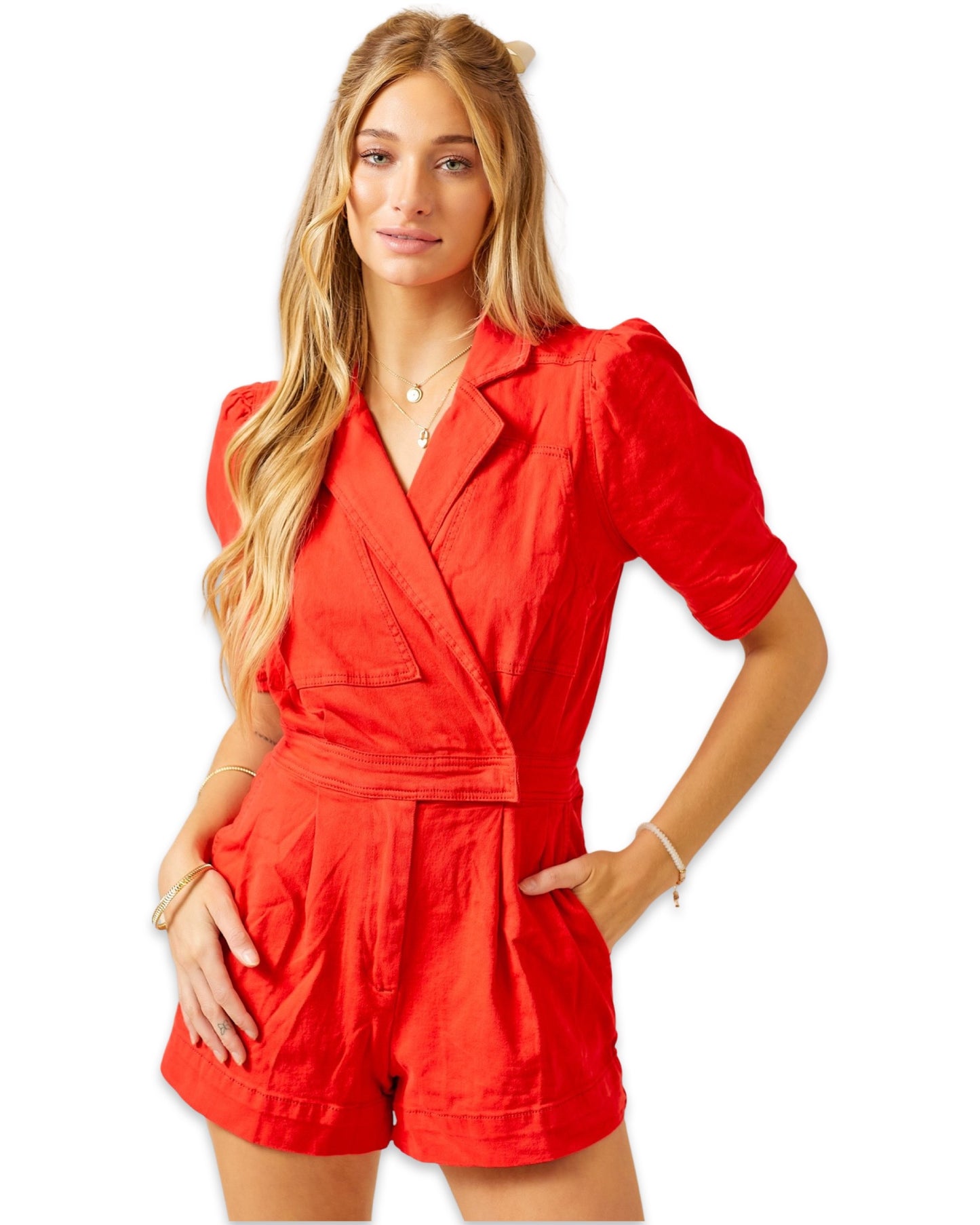 Apparel- Day+Moon Puff Sleeve Collared Denim Romper Game Day colors