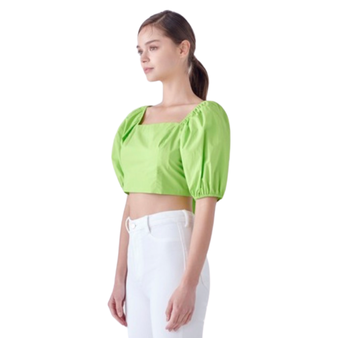 Apparel- English Factory Puffed Sleeve Top With Back Bow