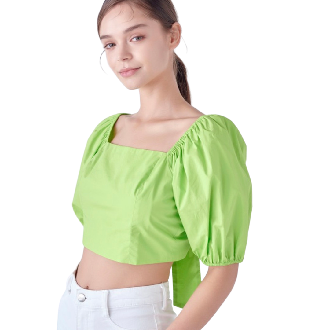 Apparel- English Factory Puffed Sleeve Top With Back Bow