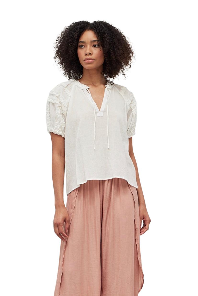 Apparel- Grade and Gather Mini Ruffle Bubble Sleeve Blouse Off White