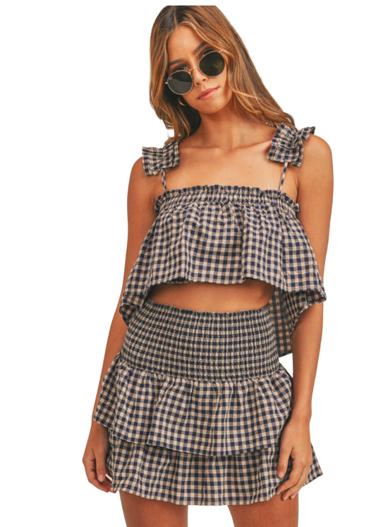 Apparel- Mable Plaid Crop Ruffle Top and Smocked Skirt Set