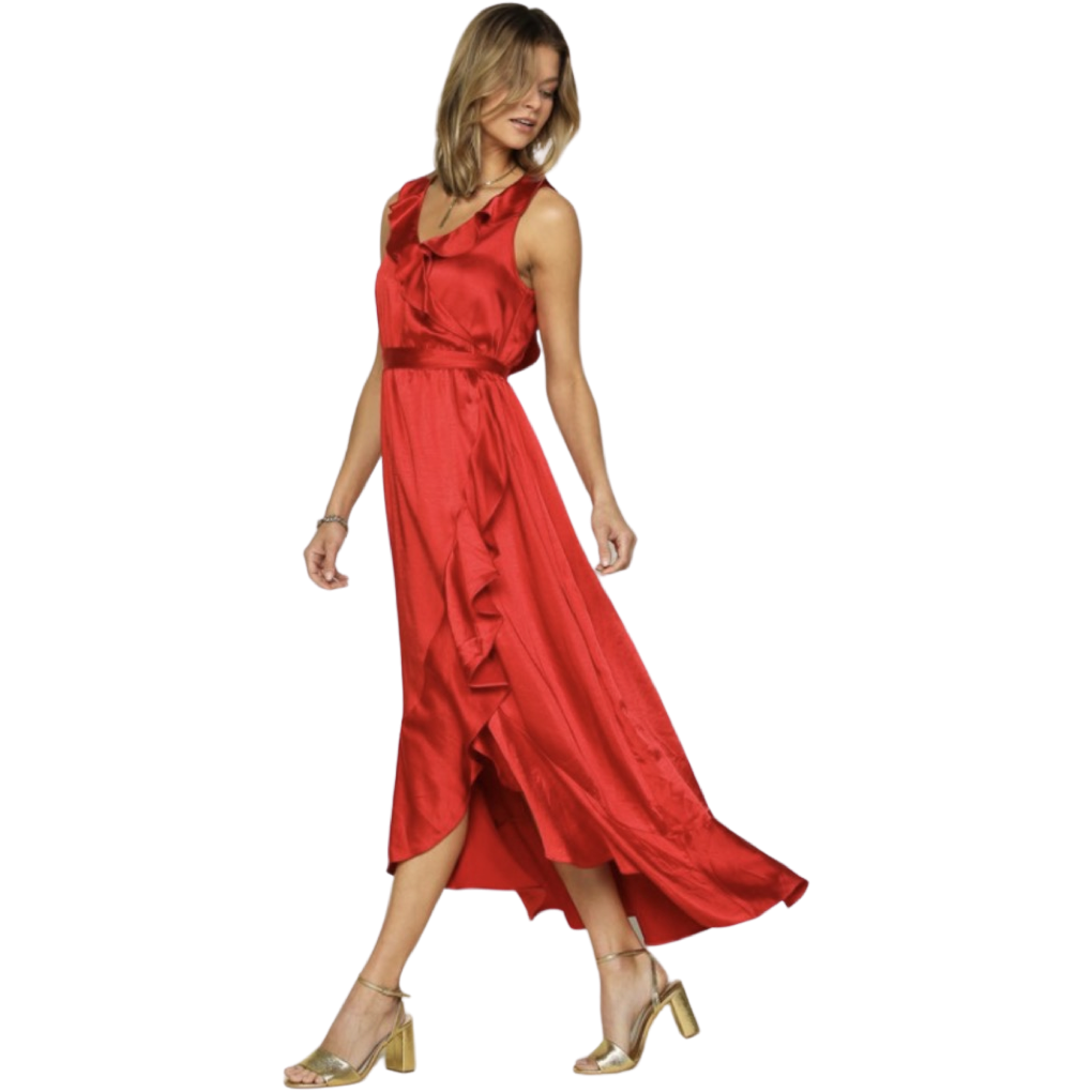 Apparel- Skies Are Blue Satin Ruffle Maxi Dress Red