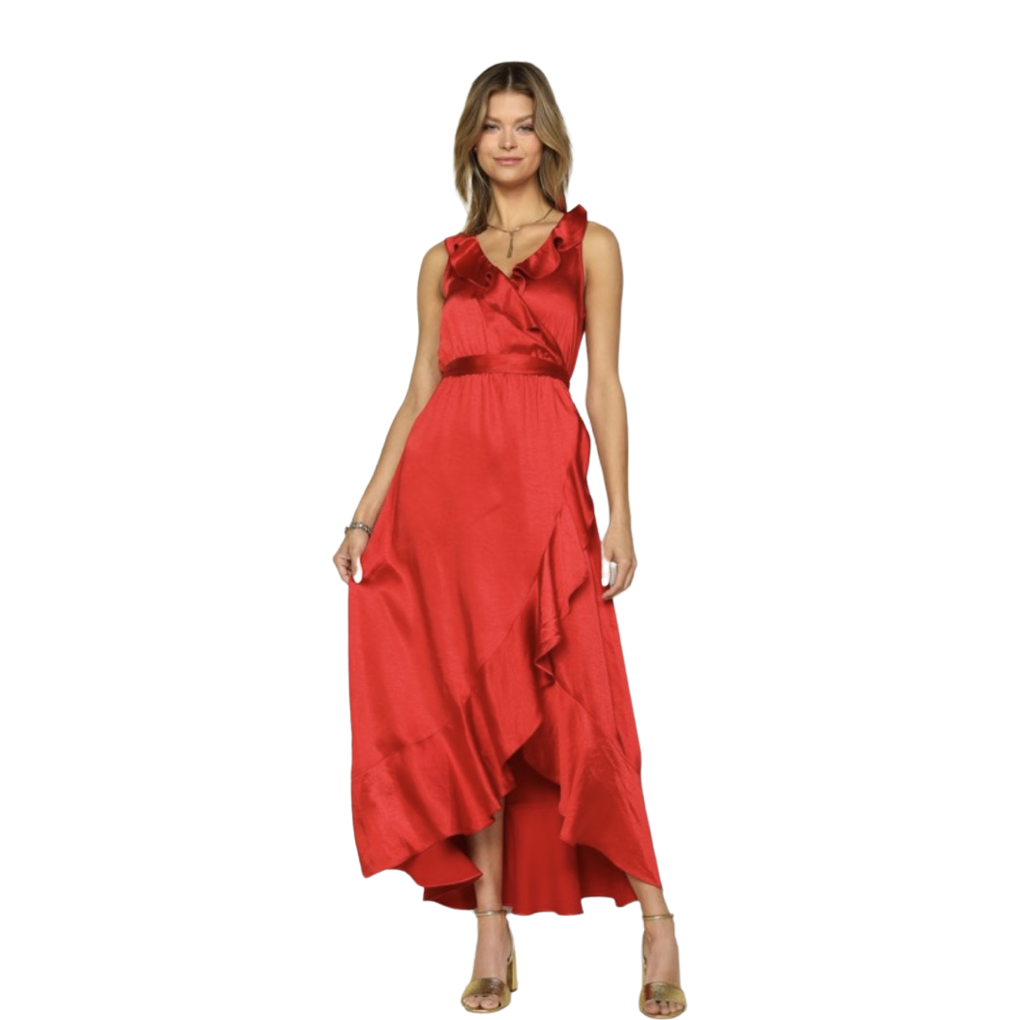 Apparel- Skies Are Blue Satin Ruffle Maxi Dress Red