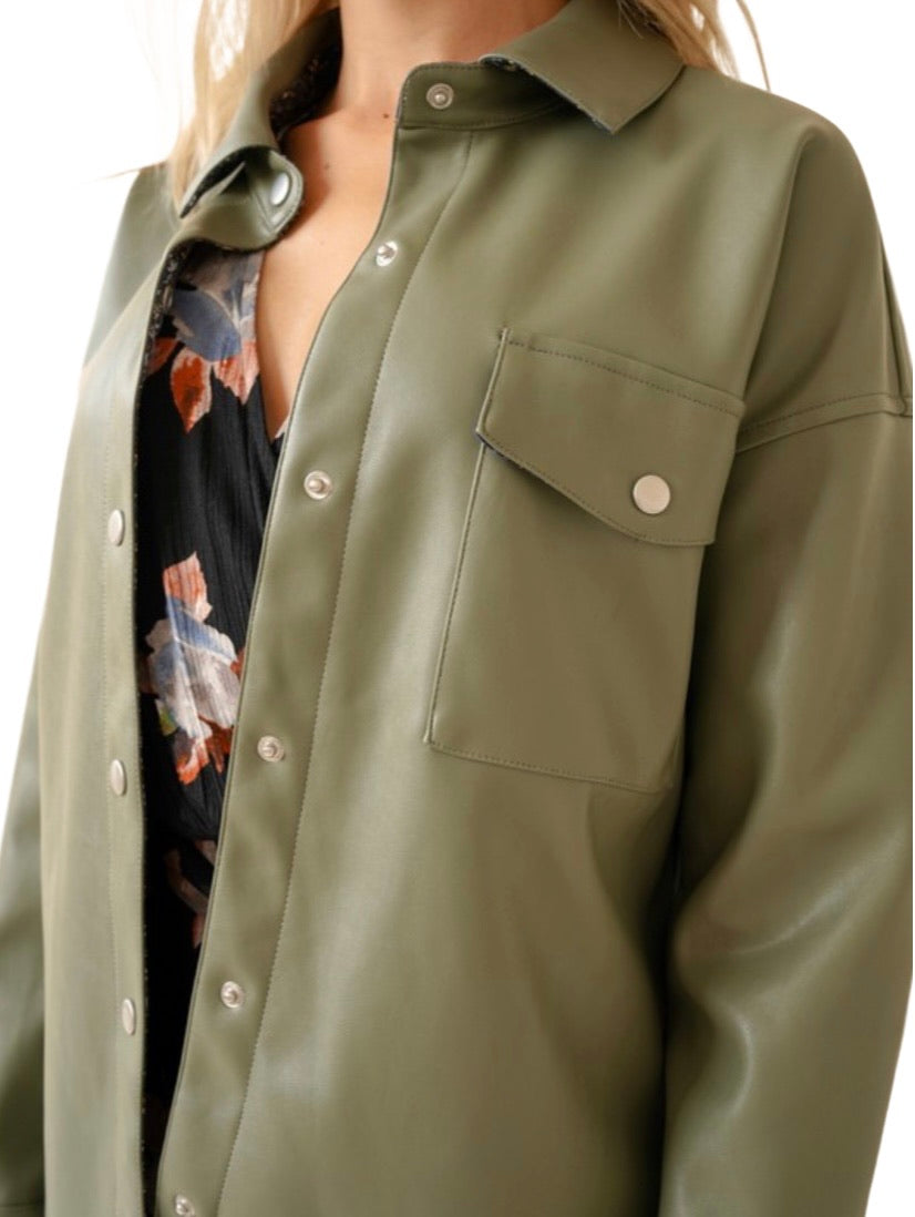 Apparel- Hem and Thread Leather Button Down Oversized Shirt Jacket- Sage