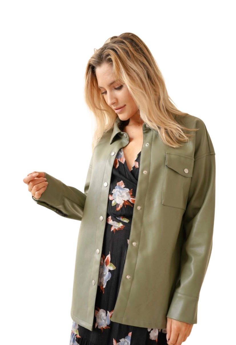 Apparel- Hem and Thread Leather Button Down Oversized Shirt Jacket- Sage